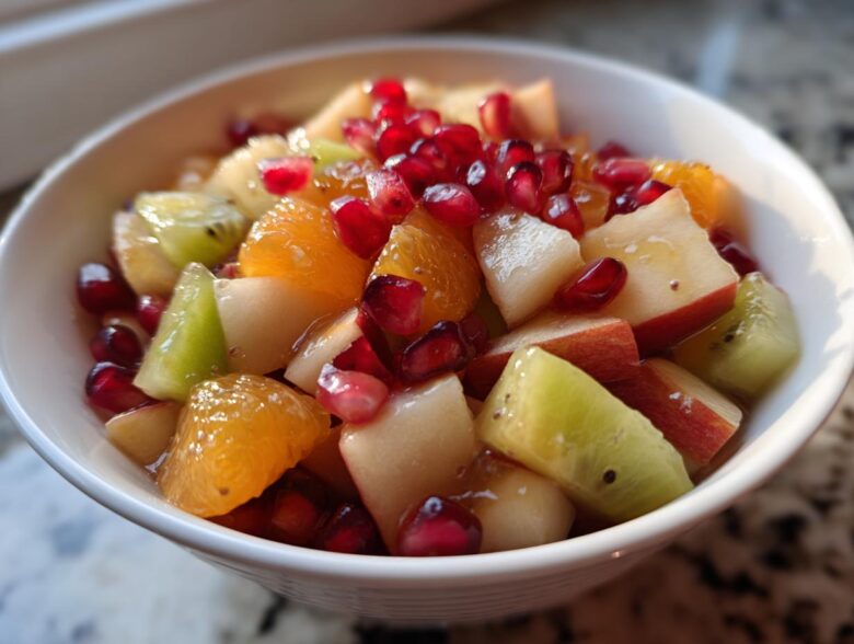Close-up of a vibrant winter fruit salad featuring kiwi, orange segments, apple chunks, and bright pomegranate seeds.
