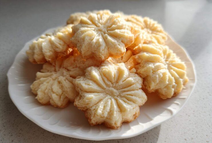 A pile of light, buttery whipped shortbread cookies shaped like flowers on a white plate.
