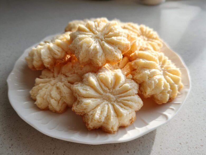 A pile of light, buttery whipped shortbread cookies shaped like flowers on a white plate.