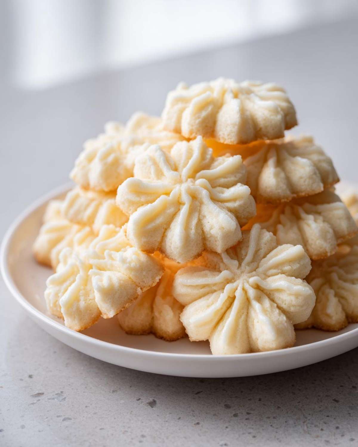 A tall stack of pale, star-shaped whipped shortbread cookies piled high on a white plate.