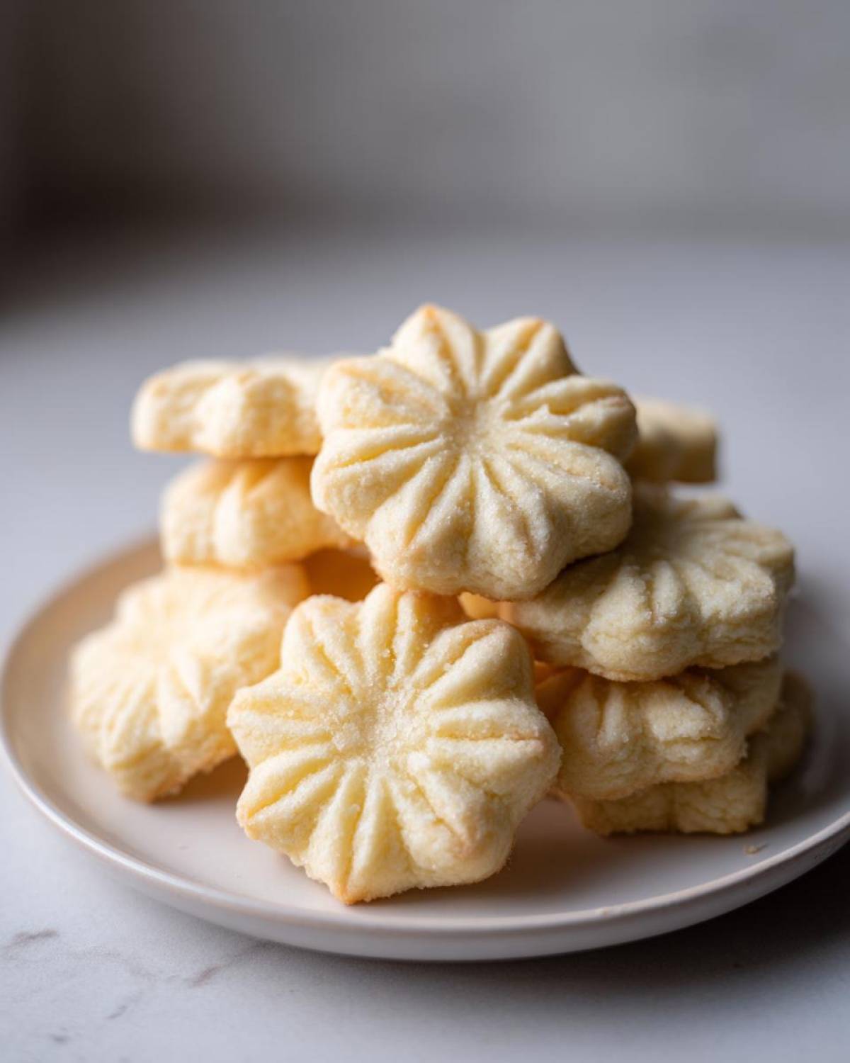 A close-up stack of light, buttery whipped shortbread cookies shaped like fluted flowers on a small white plate.