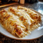 Three delicious white chicken enchiladas covered in creamy sauce and melted, slightly browned cheese.