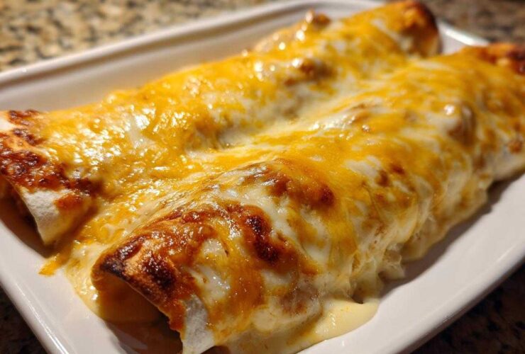 Close-up of baked white chicken enchiladas covered in melted, browned cheddar and white cheese.