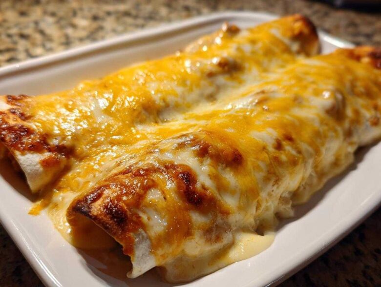 Close-up of baked white chicken enchiladas covered in melted, browned cheddar and white cheese.