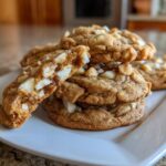 A stack of chewy white chocolate macadamia nut cookies, one broken open to show the soft interior.