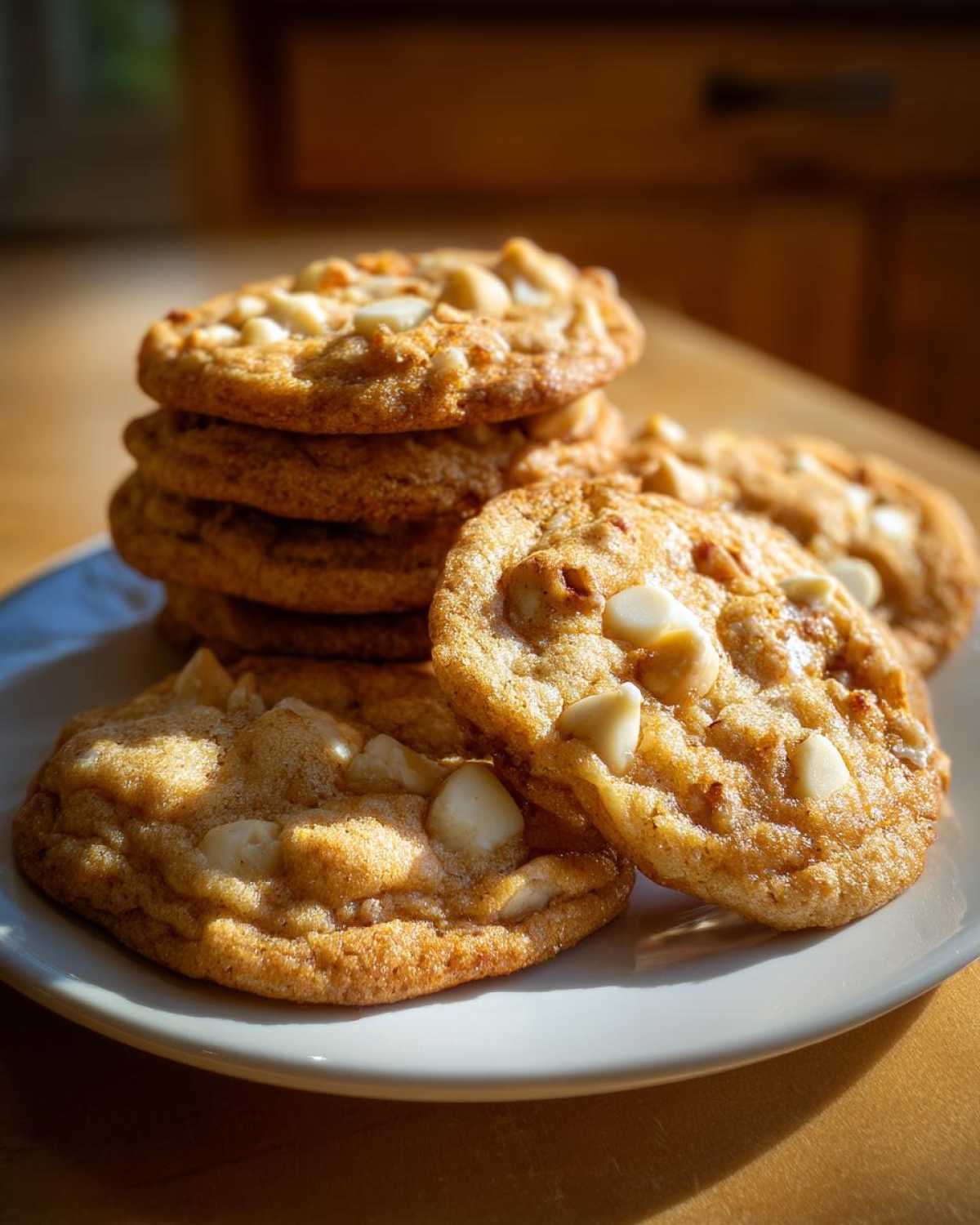A stack of freshly baked white chocolate macadamia nut cookies piled on a white plate, illuminated by sunlight.