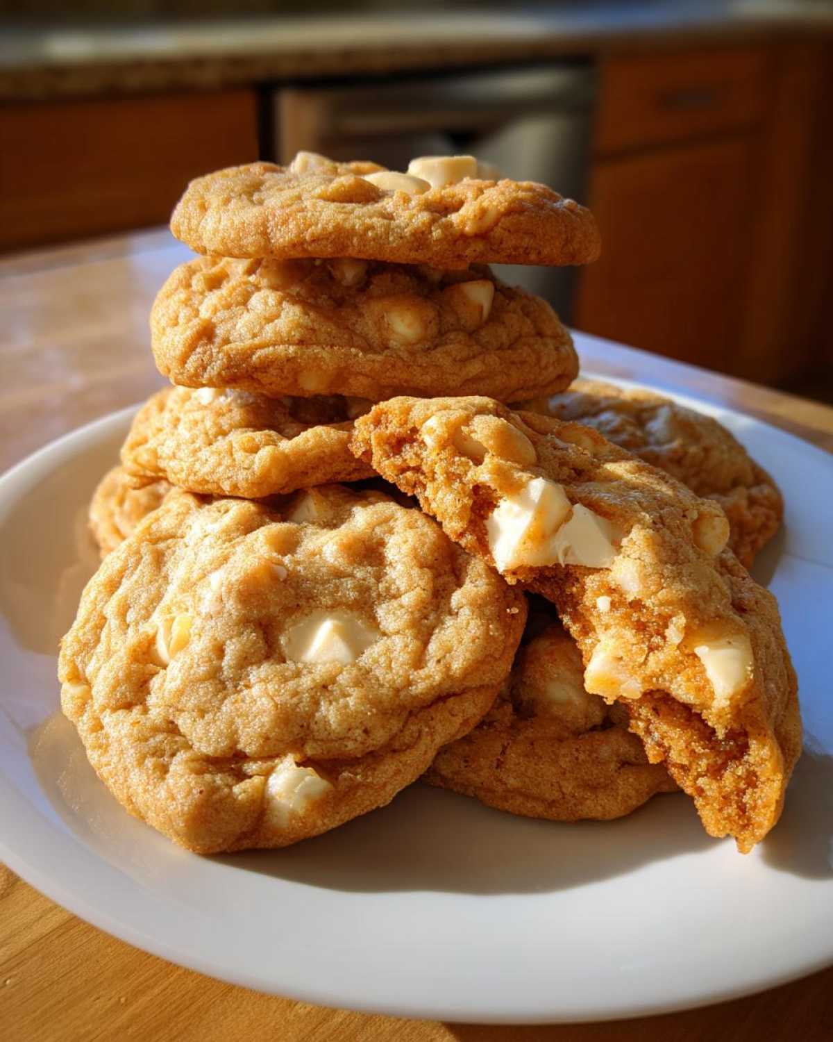A stack of freshly baked white chocolate macadamia nut cookies, one broken open to show the soft interior.