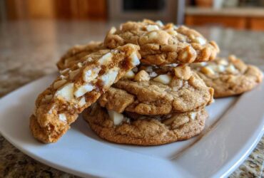 A stack of chewy white chocolate macadamia nut cookies, one broken open to show the soft interior.
