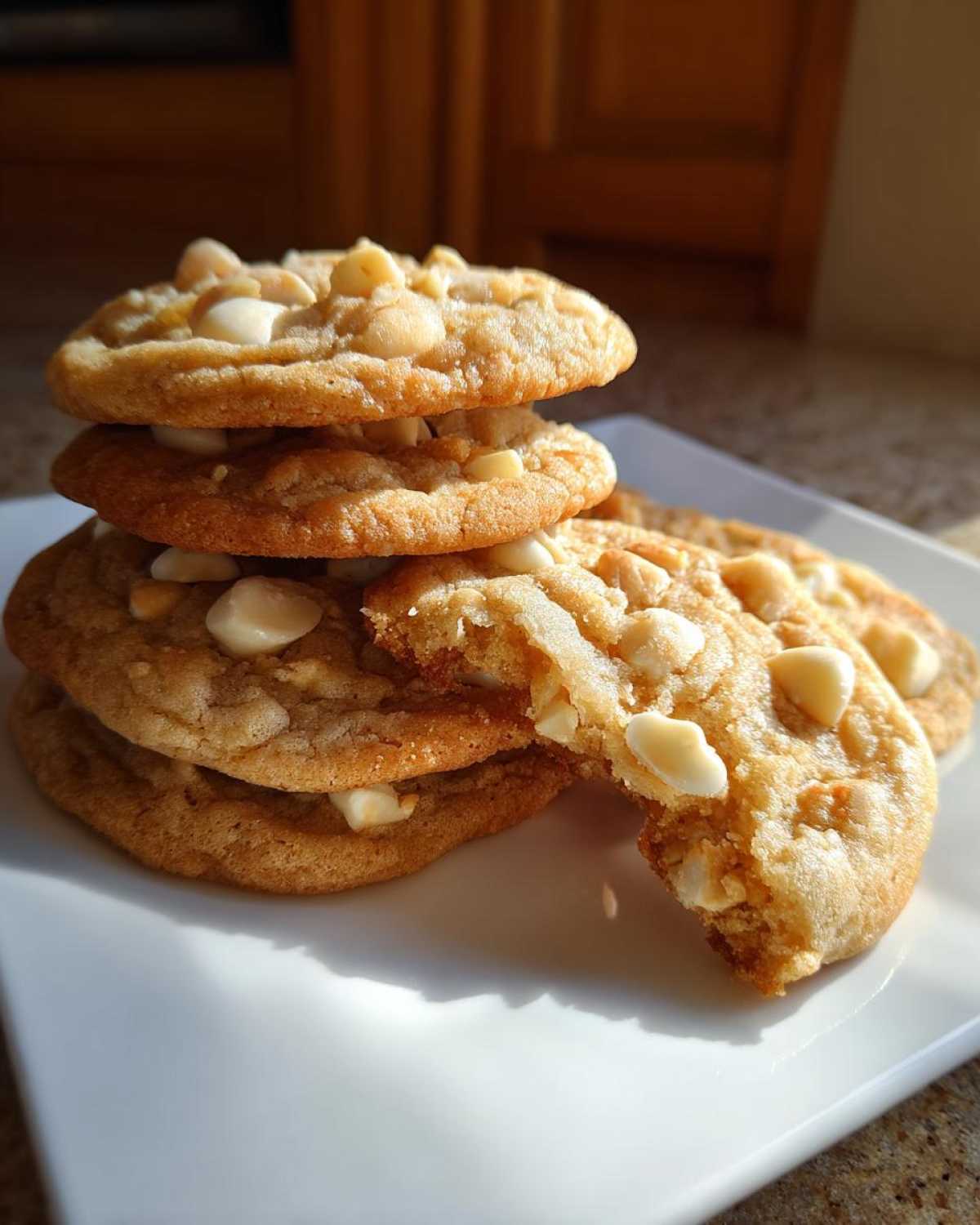 A stack of freshly baked white chocolate macadamia nut cookies on a white plate, one broken open.