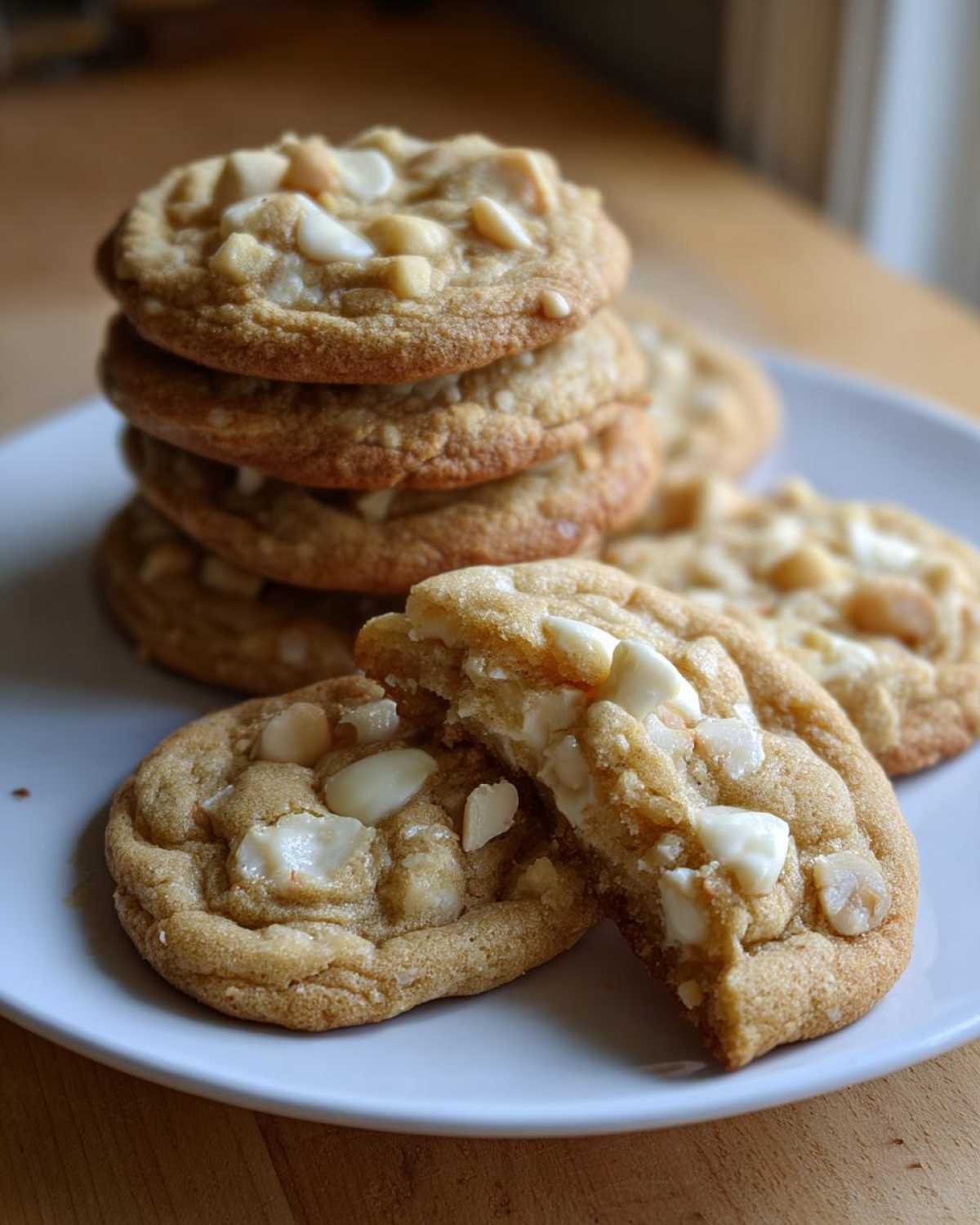 A stack of freshly baked white chocolate macadamia nut cookies with one cookie broken open showing the soft center.