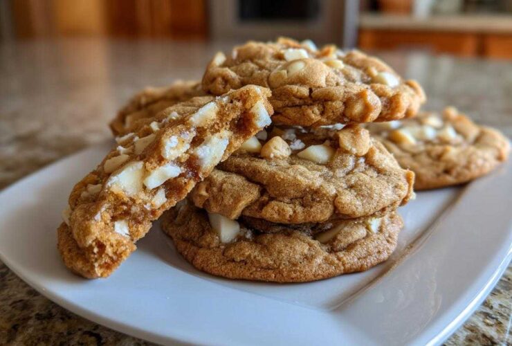 A stack of chewy white chocolate macadamia nut cookies, one broken open to show the soft interior.