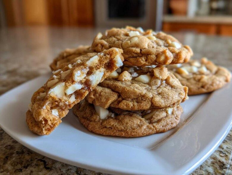 A stack of chewy white chocolate macadamia nut cookies, one broken open to show the soft interior.