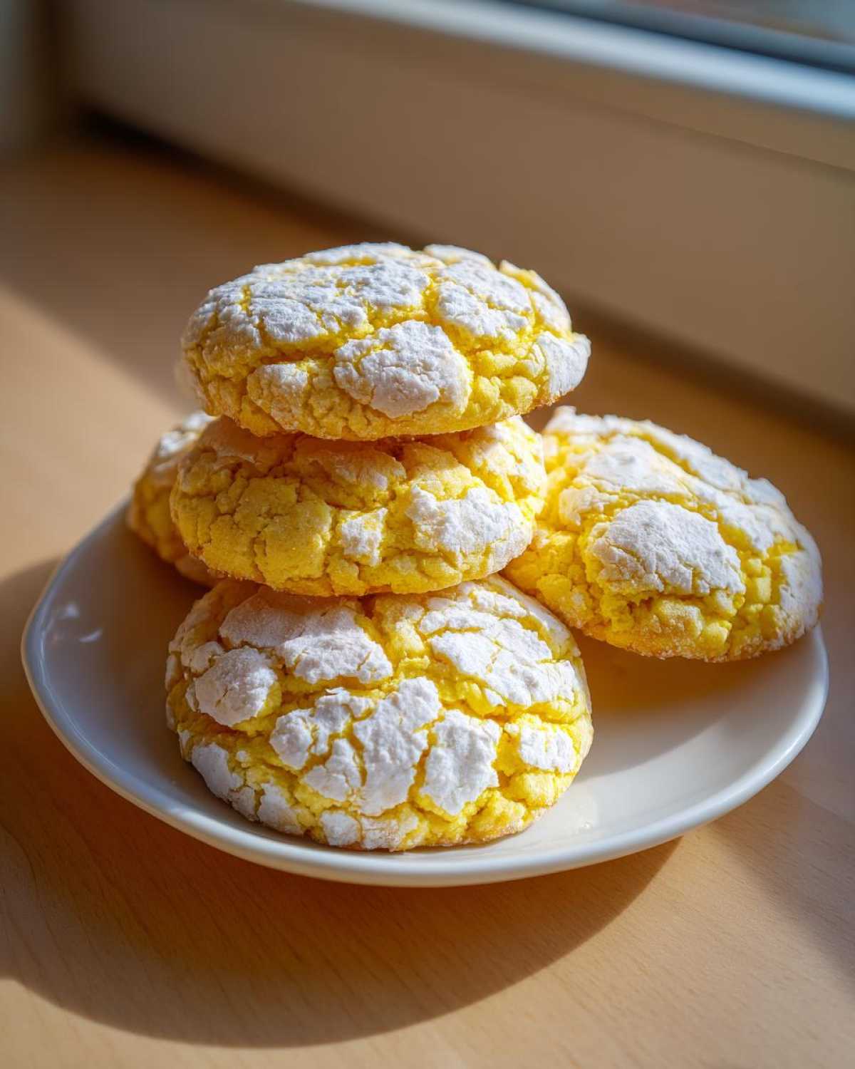 A stack of bright yellow lemon crinkle cookies heavily dusted with white powdered sugar, sitting on a small white plate.
