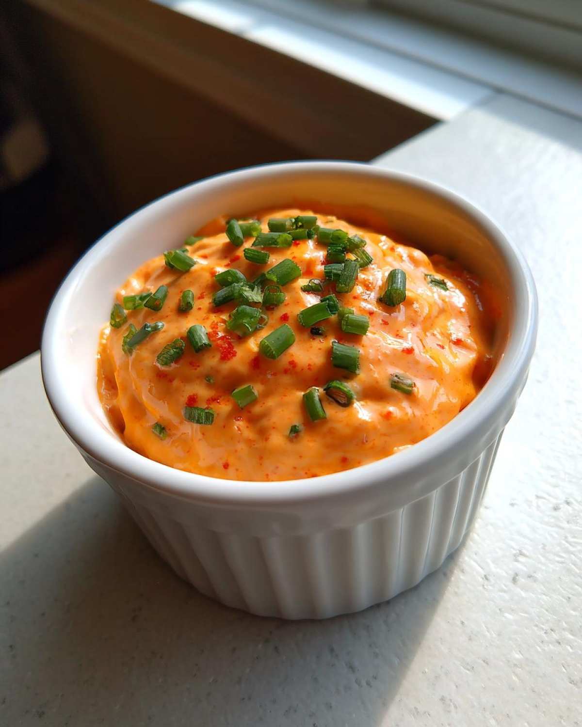 A close-up of bright orange remoulade sauce topped with chopped chives and red spice in a white fluted ramekin.