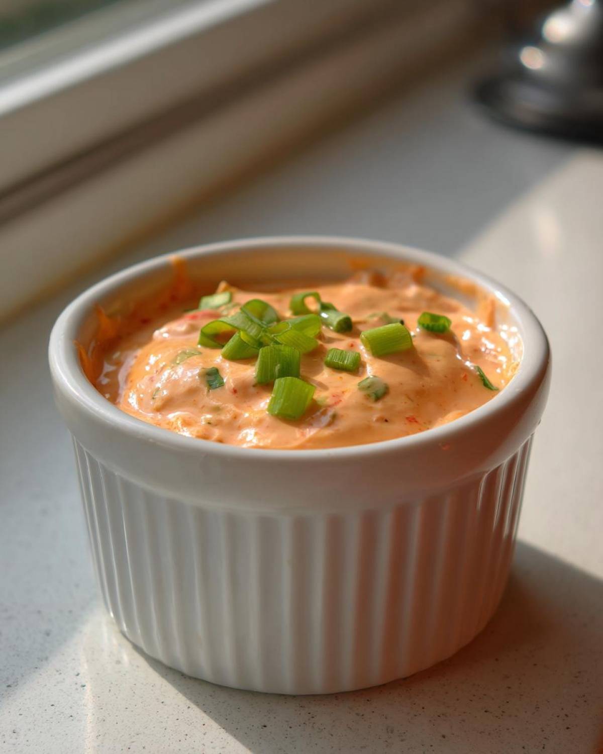 Close-up of a small white ramekin filled with creamy, orange-hued remoulade sauce, topped with chopped green onions.