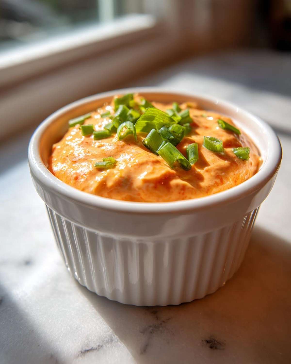 A small white ramekin filled with bright orange remoulade sauce, topped with chopped green onions.