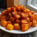 A mound of golden, crispy Air Fryer Crispy Breakfast Potatoes with Paprika piled high on a white plate.