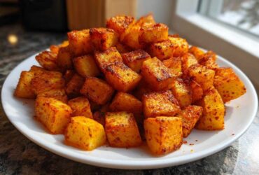 A mound of golden, crispy Air Fryer Crispy Breakfast Potatoes with Paprika piled high on a white plate.