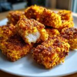 Close-up of golden brown Air Fryer Crispy Fish Nuggets piled on a white plate, one nugget broken open showing white fish inside.