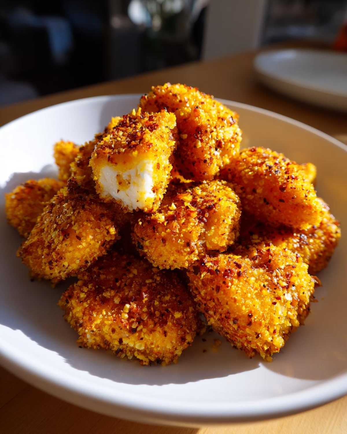 A pile of golden brown Air Fryer Crispy Fish Nuggets with lemon pepper seasoning served in a white bowl.