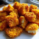 A pile of golden brown Air Fryer Crispy Fish Nuggets seasoned with lemon pepper on a white plate.