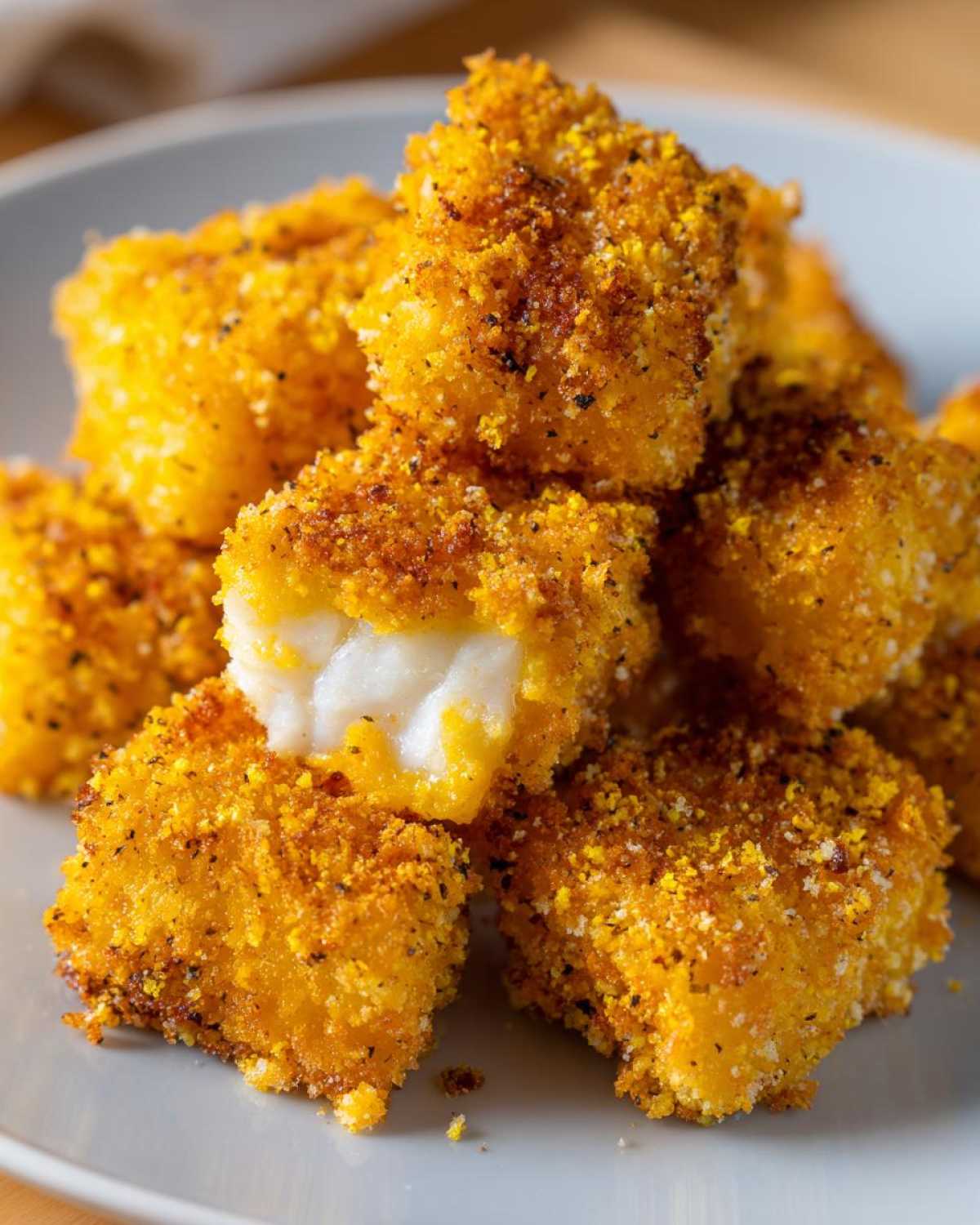 Close-up of golden Air Fryer Crispy Fish Nuggets, one piece broken open showing white flaky fish inside.