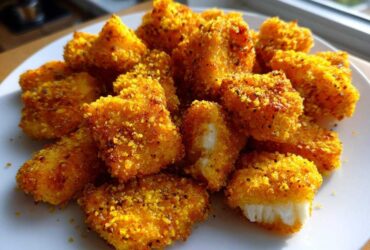 A pile of golden brown Air Fryer Crispy Fish Nuggets seasoned with lemon pepper on a white plate.
