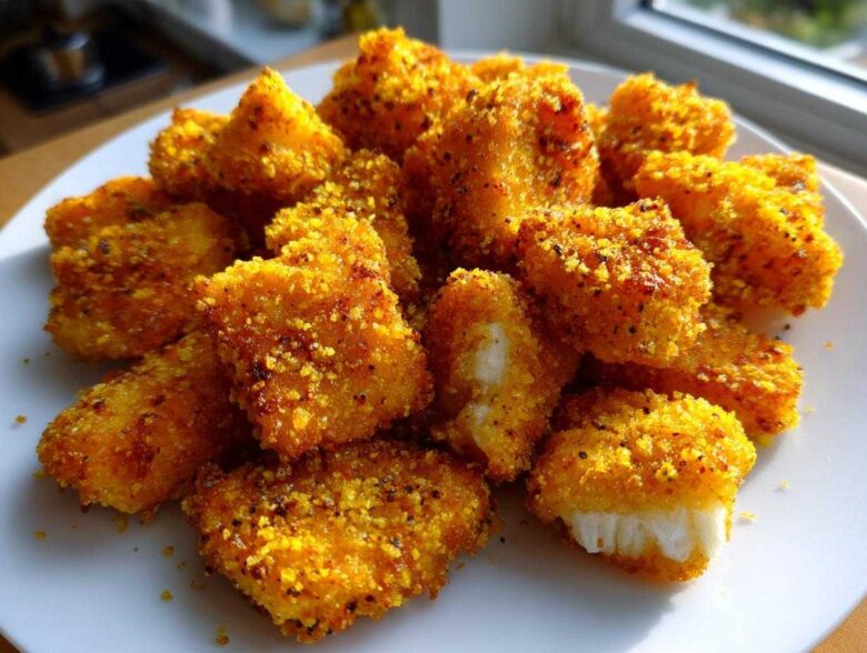 A pile of golden brown Air Fryer Crispy Fish Nuggets seasoned with lemon pepper on a white plate.