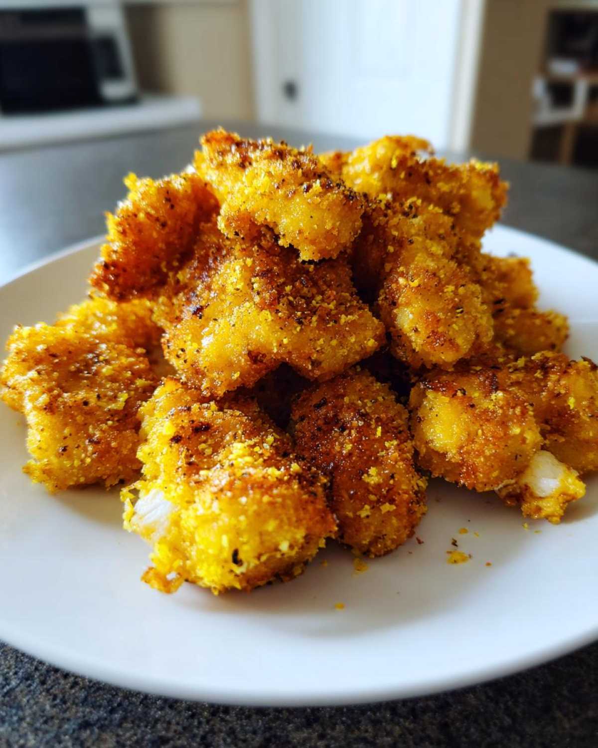 A pile of golden brown Air Fryer Crispy Fish Nuggets seasoned with lemon pepper on a white plate.