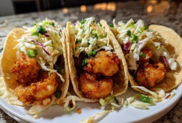 Three fully assembled Air Fryer Crispy Garlic Shrimp Tacos topped with fresh slaw and green onions on a white plate.