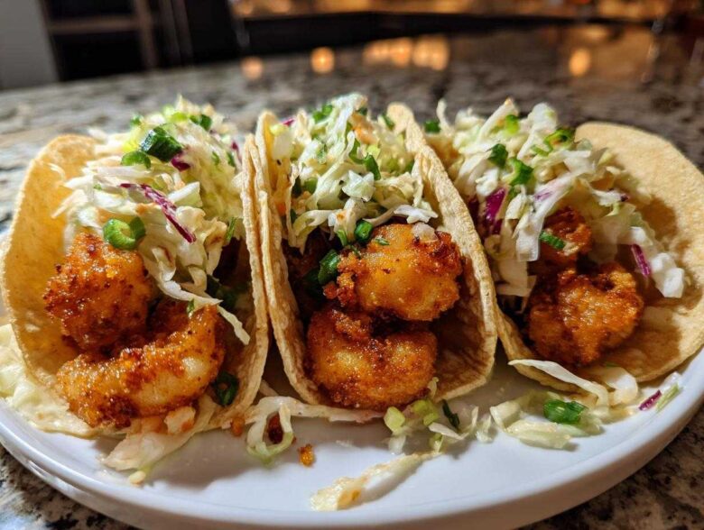 Three fully assembled Air Fryer Crispy Garlic Shrimp Tacos topped with fresh slaw and green onions on a white plate.