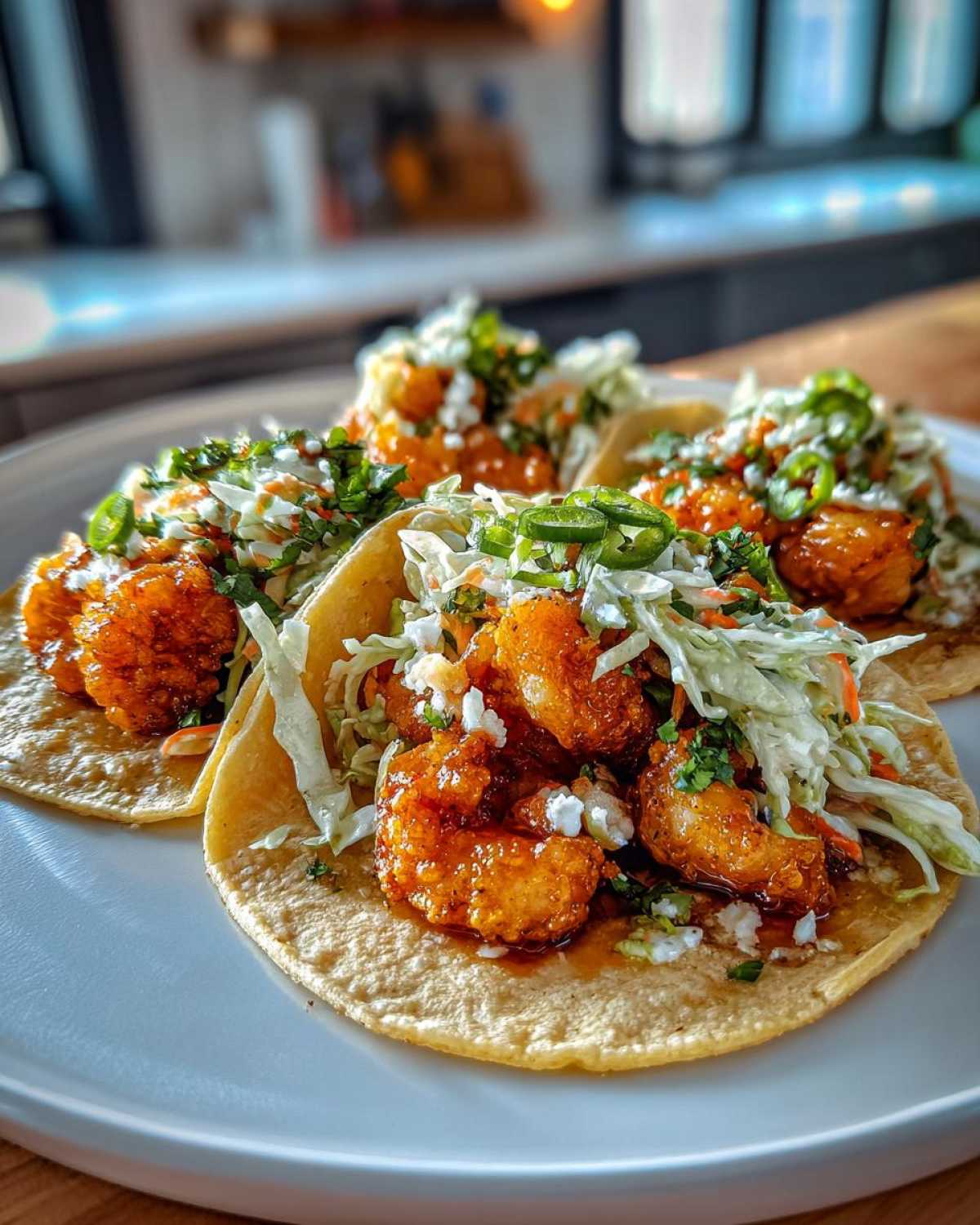 Three delicious Air Fryer Crispy Garlic Shrimp Tacos topped with slaw and jalapeños on a white plate.