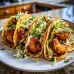 Four crispy Air Fryer Crispy Garlic Shrimp Tacos filled with golden shrimp and shredded cabbage slaw.
