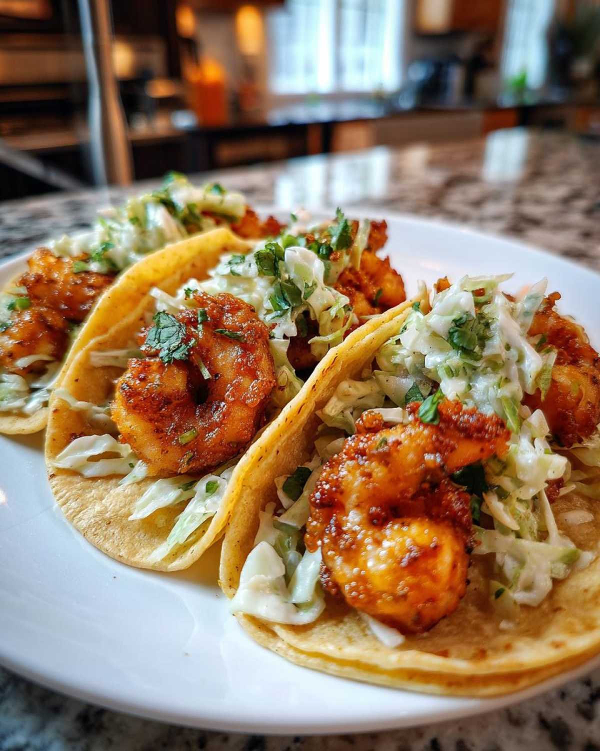 Close-up of three Air Fryer Crispy Garlic Shrimp Tacos filled with seasoned shrimp, slaw, and cilantro on a white plate.