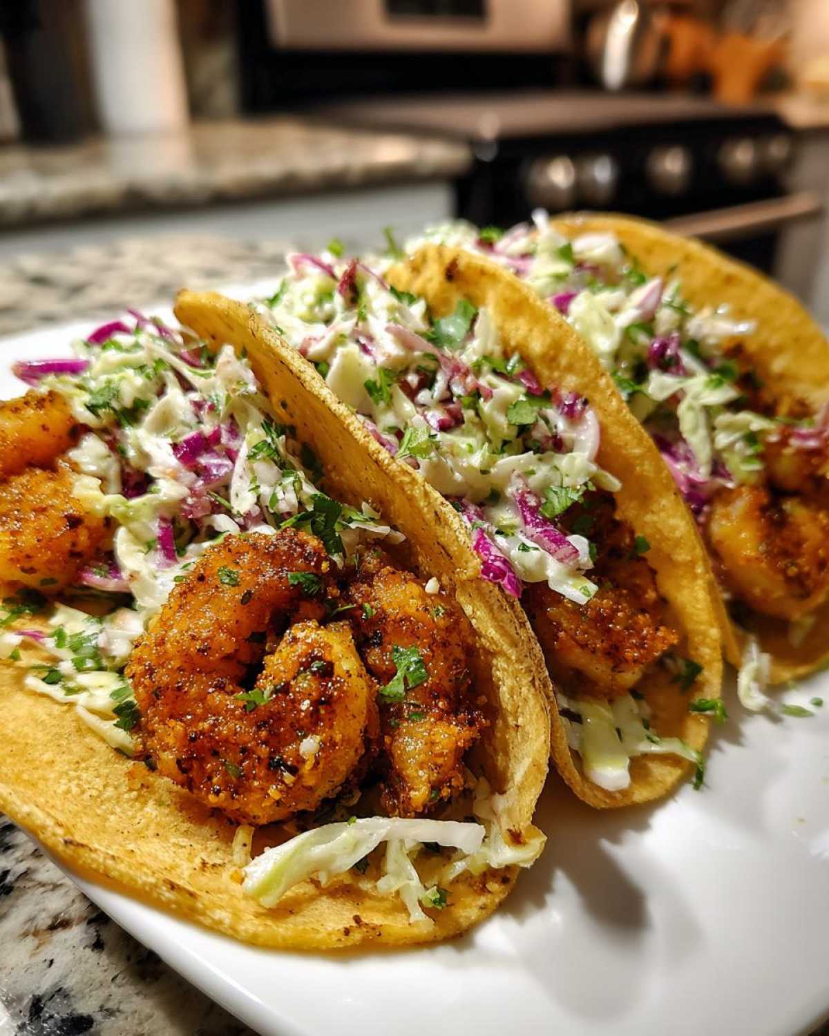 Three crispy tacos filled with seasoned shrimp and purple cabbage slaw, ready to eat for Air Fryer Crispy Garlic Shrimp Tacos.