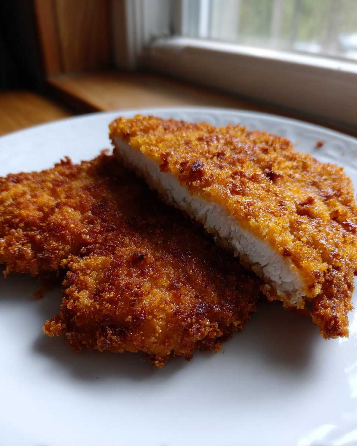 Two golden brown Air Fryer Crispy Pork Schnitzel Cutlets on a white plate, one cut open showing the white pork interior.