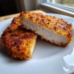 Close-up of Air Fryer Crispy Pork Schnitzel Cutlets cut in half, showing the juicy white interior and golden breading.