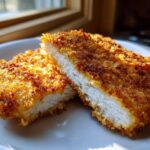 Two halves of Air Fryer Crispy Pork Schnitzel Cutlets showing the golden, crunchy breading and juicy white interior.