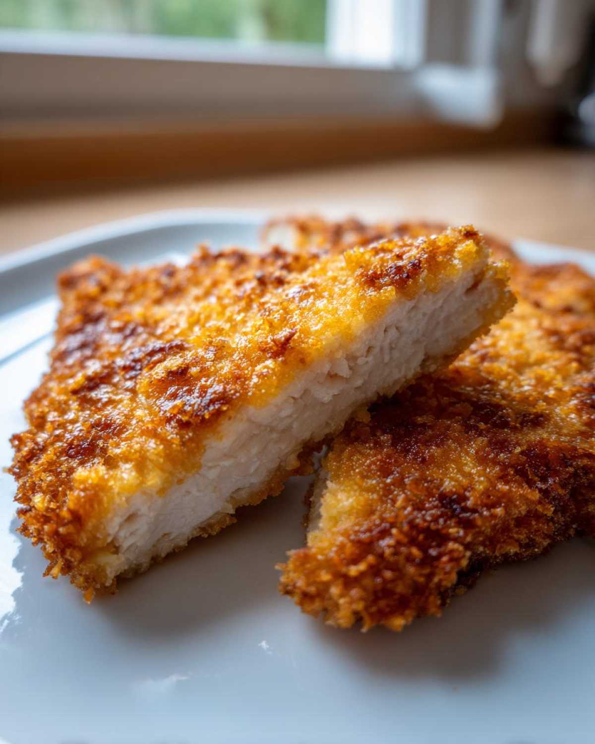 Close-up of Air Fryer Crispy Pork Schnitzel Cutlets, showing the golden, crunchy breading and juicy white interior.