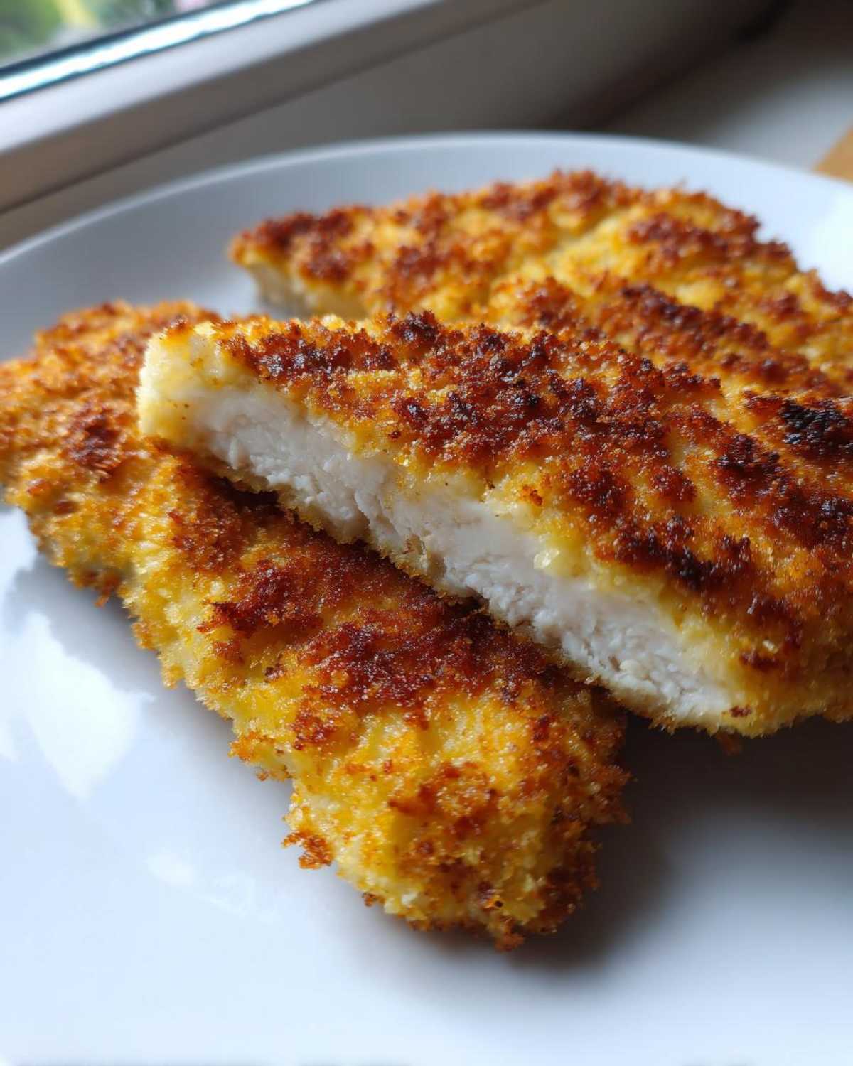 Close-up of Air Fryer Crispy Pork Schnitzel Cutlets, showing the golden, crunchy breading and juicy white interior.