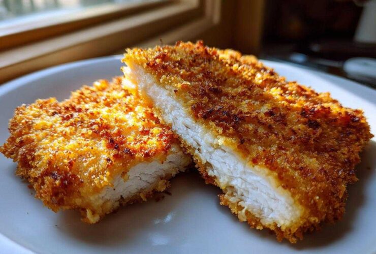 Two halves of Air Fryer Crispy Pork Schnitzel Cutlets showing the golden, crunchy breading and juicy white interior.