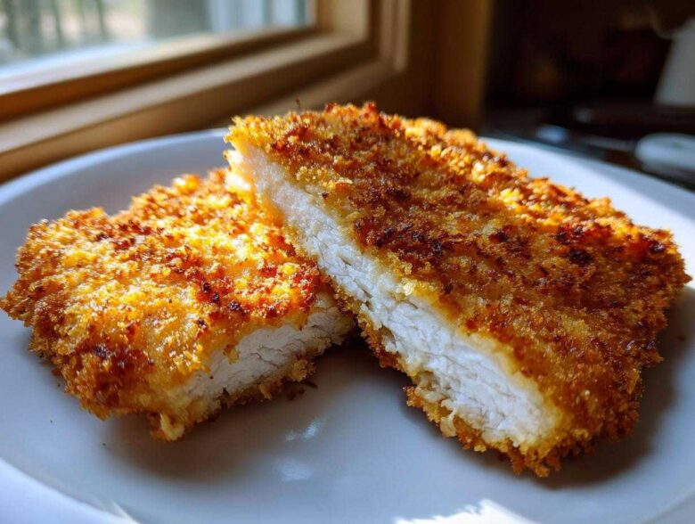 Two halves of Air Fryer Crispy Pork Schnitzel Cutlets showing the golden, crunchy breading and juicy white interior.