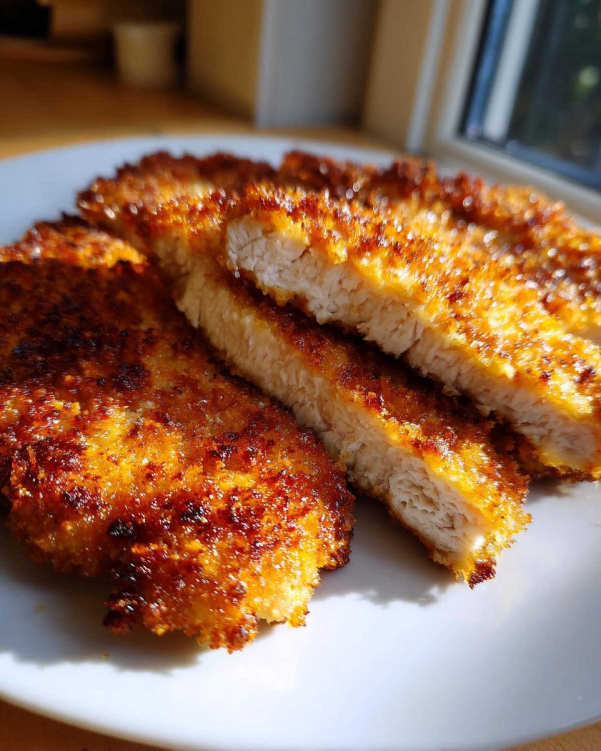 Close-up of golden brown, crispy Air Fryer Crispy Pork Schnitzel Cutlets, sliced to show the tender white meat inside.