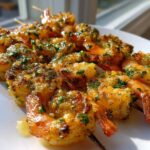 Close-up of cooked Air Fryer Garlic Butter Shrimp Skewers seasoned with garlic and parsley on a white plate.