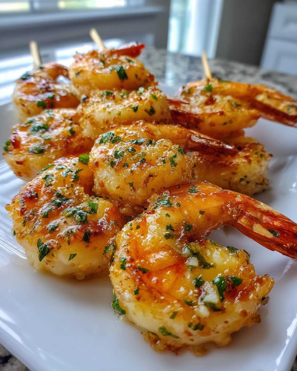 Close-up of juicy Air Fryer Garlic Butter Shrimp Skewers glistening with butter and topped with fresh parsley on a white plate.