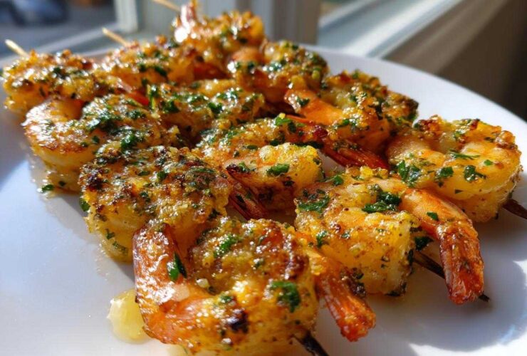Close-up of cooked Air Fryer Garlic Butter Shrimp Skewers seasoned with garlic and parsley on a white plate.