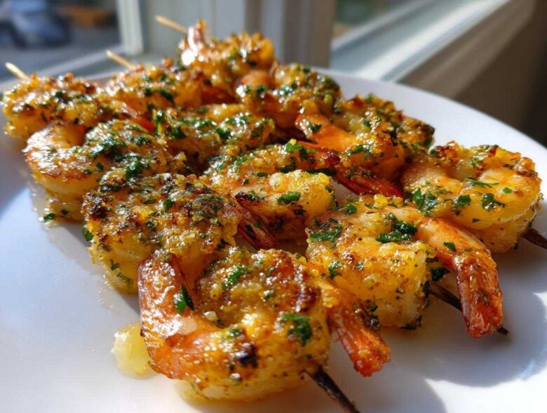 Close-up of cooked Air Fryer Garlic Butter Shrimp Skewers seasoned with garlic and parsley on a white plate.