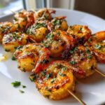 Close-up of perfectly cooked Air Fryer Garlic Butter Shrimp Skewers garnished with fresh parsley on a white plate.