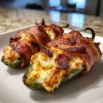 Two perfectly cooked Air Fryer Stuffed Jalapeno Poppers with Bacon, featuring melted cheese filling and crispy bacon.