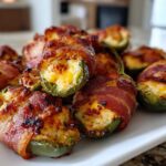 Close-up of several Air Fryer Stuffed Jalapeno Poppers with Bacon piled on a white platter.